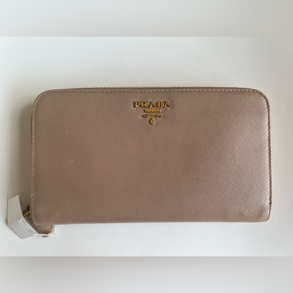 PRADA Tan Saffiano Leather Zip Around Wallet